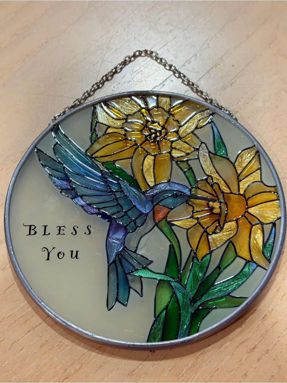 Stained Glass Hummingbird & Daffodils Wall Art - Bless You 4.5”
